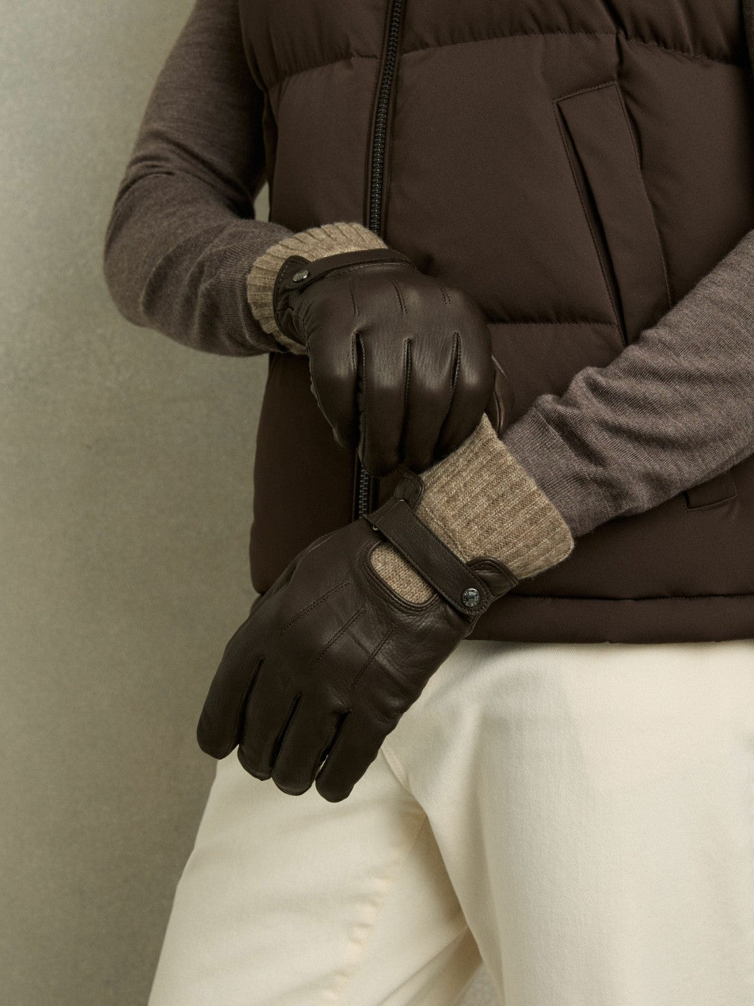 Leather Ribbed-Cuff Gloves Dark Brown | Mens