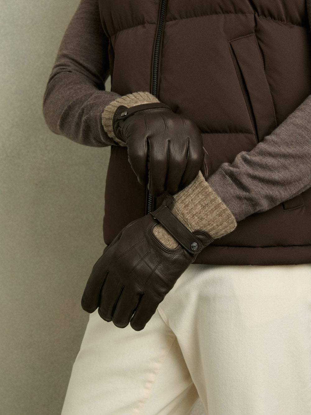 Leather Ribbed-Cuff Gloves Dark Brown | Mens