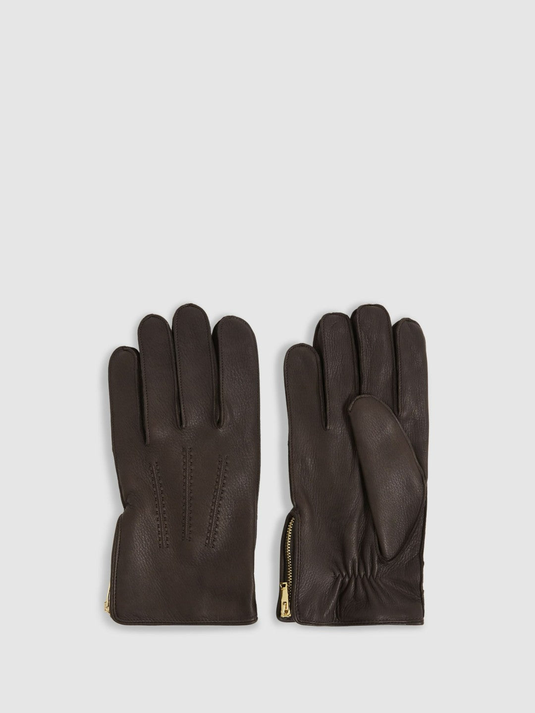 Leather Zip-Side Gloves Dark Brown | Mens