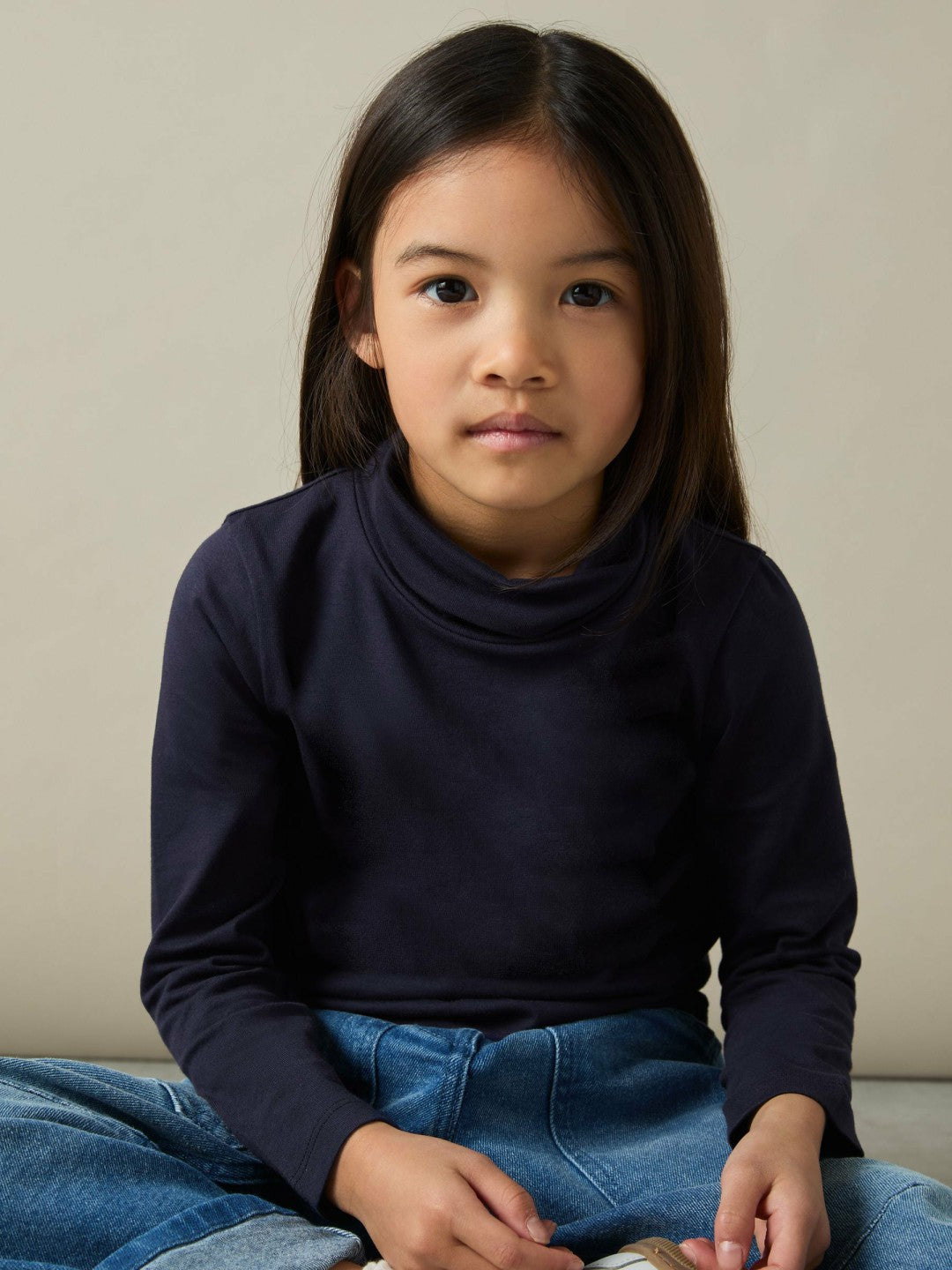 4-9 yrs Cotton-Jersey Roll-Neck Top with Stretch Navy | Children