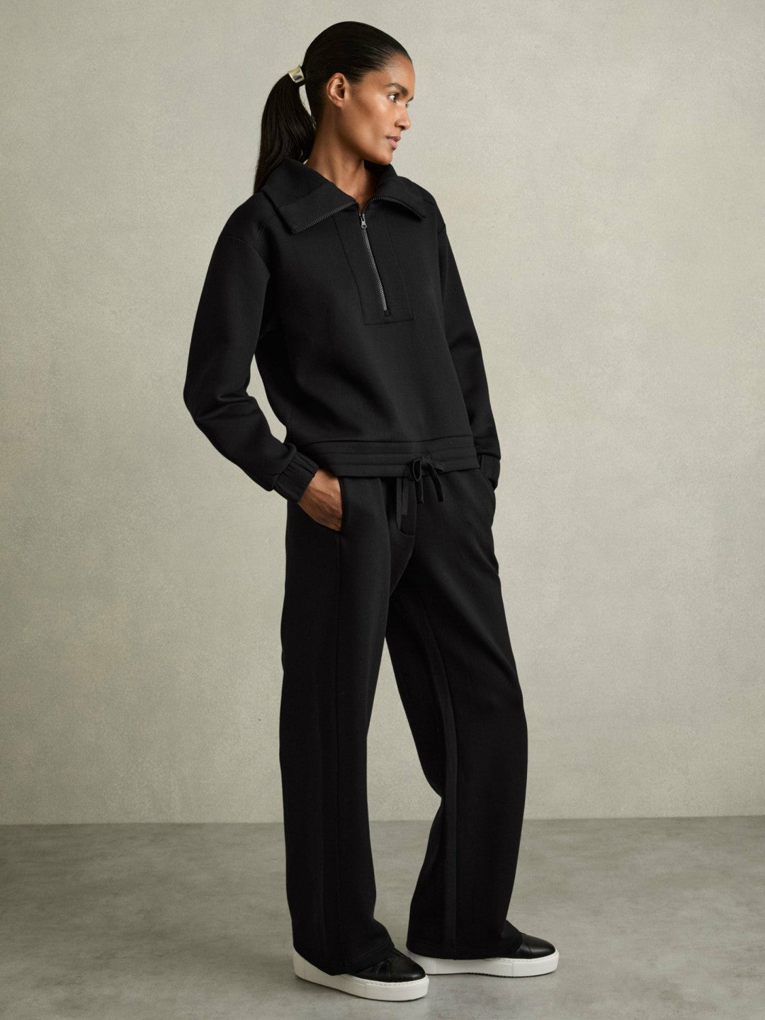 Interlock Half-Zip Drawstring-Hem Sweatshirt Black | Womens