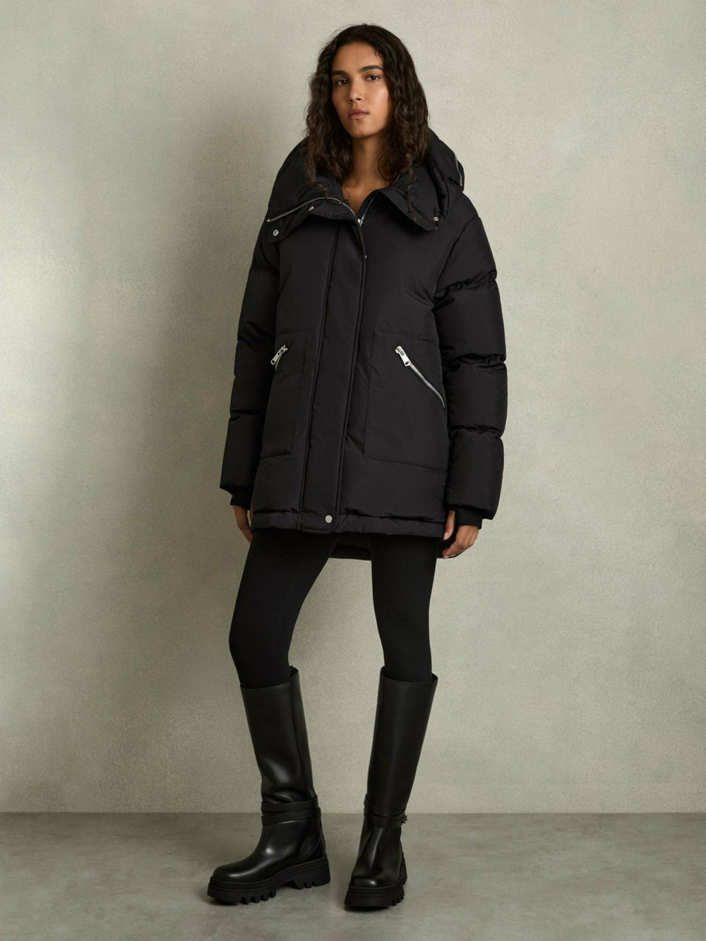 Petite Concealed-Hood Puffer Coat Black | Womens