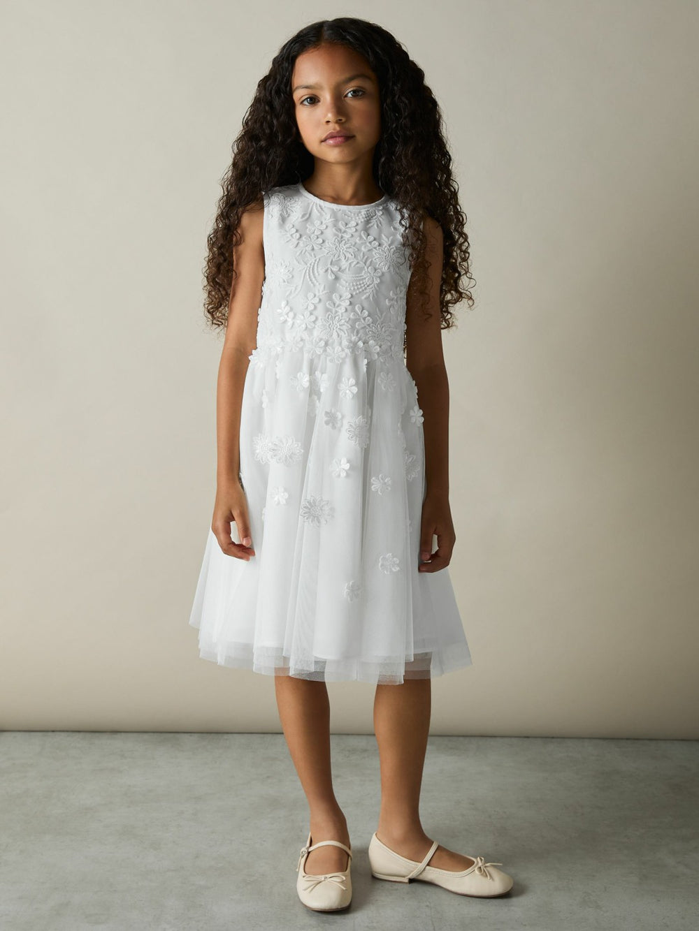 9-13 yrs Tulle Floral-Embroidered Bridesmaid Dress Ivory | Children
