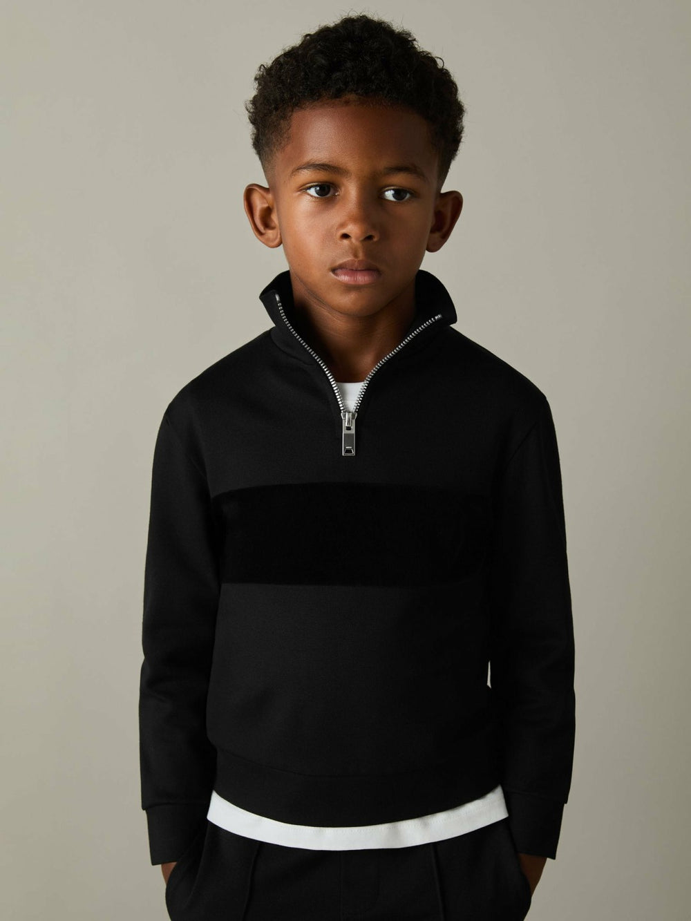 3-9 yrs Slim Fit Half-Zip Funnel Neck Velour Sweatshirt Black | Children