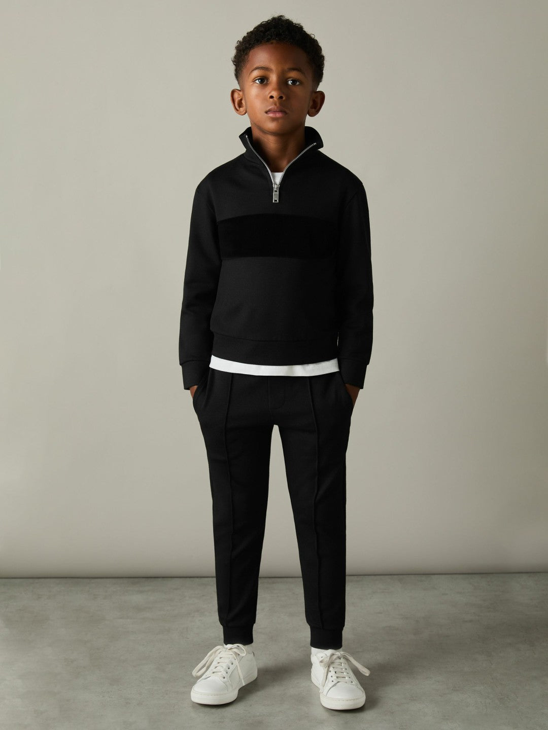 9-13 yrs Slim Fit Half-Zip Funnel Neck Velour Sweatshirt Black | Children