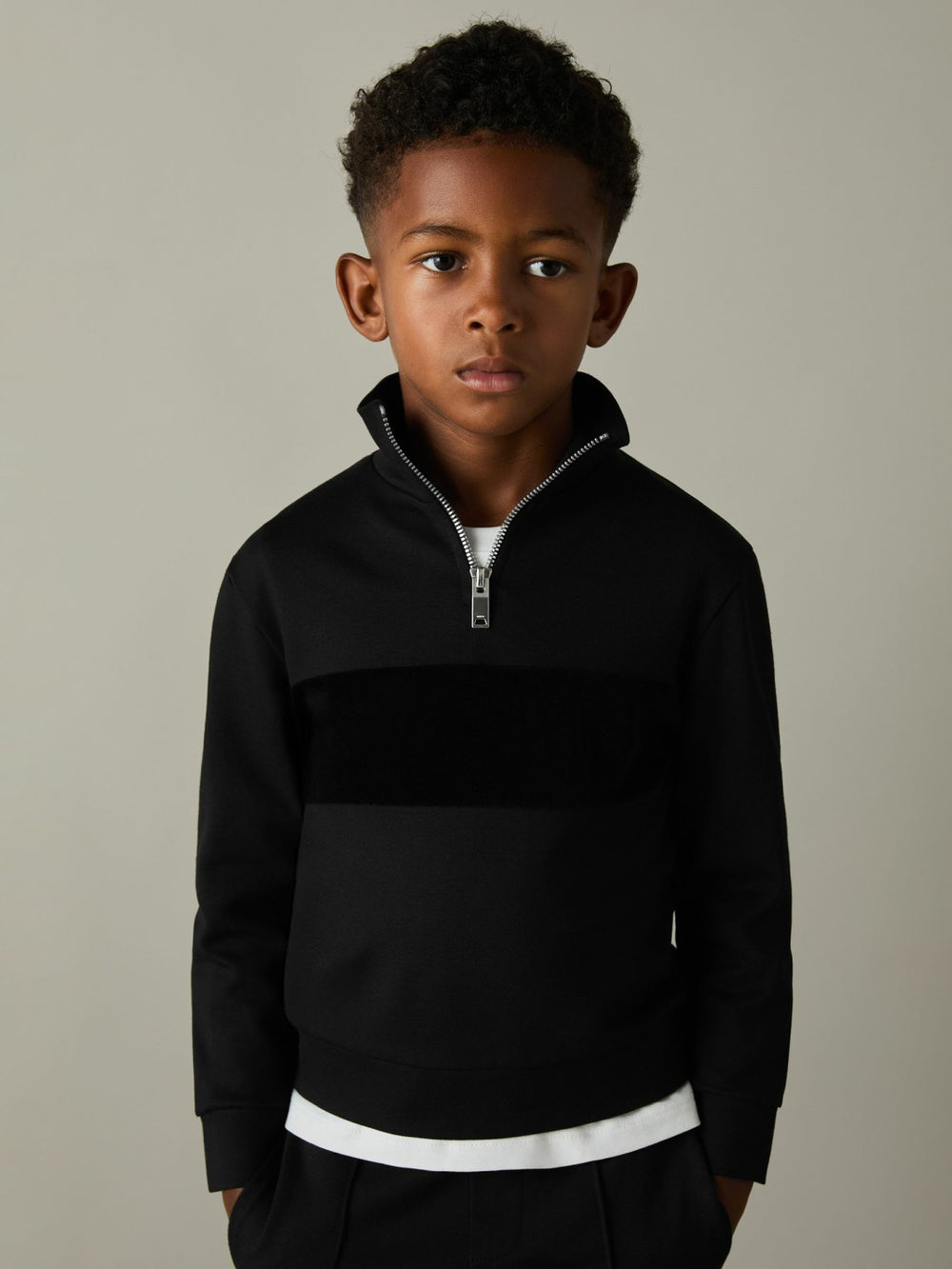 9-13 yrs Slim Fit Half-Zip Funnel Neck Velour Sweatshirt Black | Children