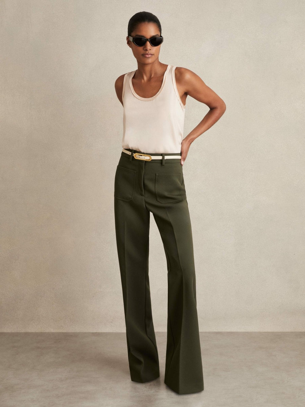 Twill Patch-Pocket Flared Trousers Green | Womens