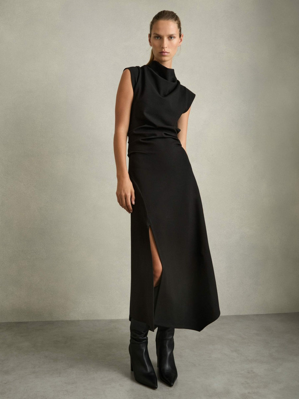 Twill-Jersey Draped Midi Dress Black | Womens