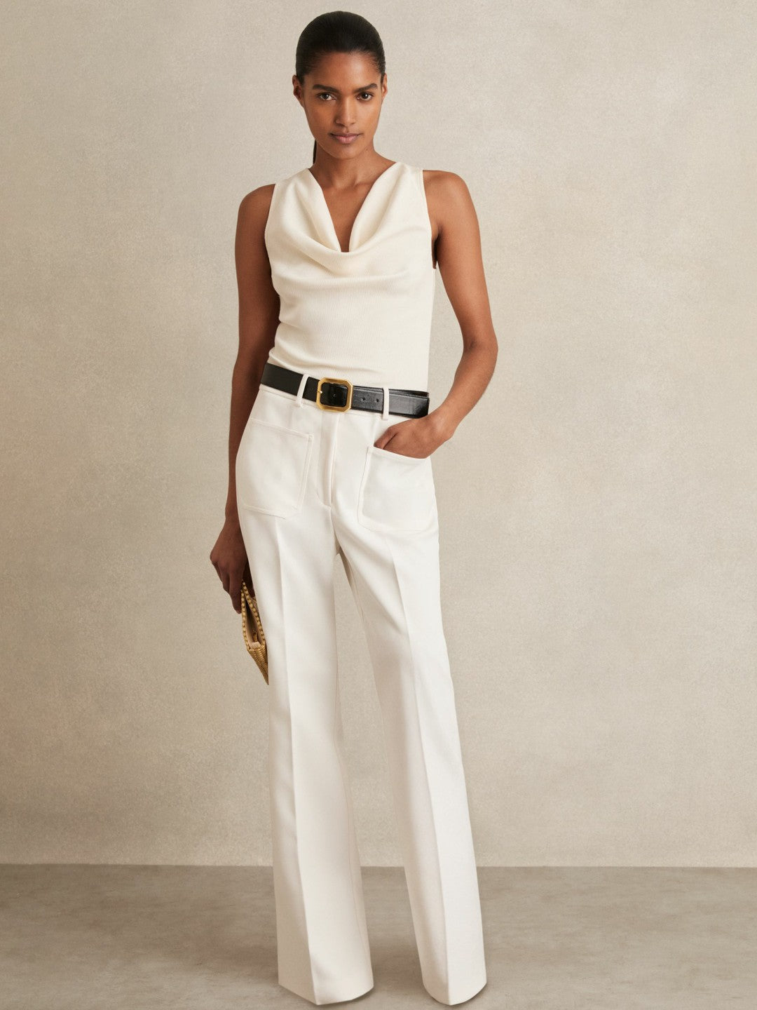 Petite Twill Patch-Pocket Flared Trousers Cream | Womens
