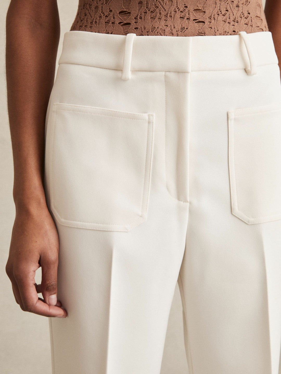 Petite Twill Patch-Pocket Flared Trousers Cream | Womens