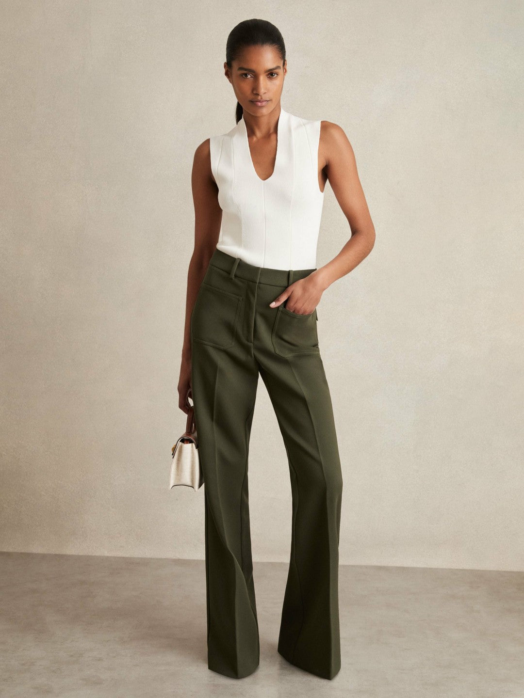Petite Twill Patch-Pocket Flared Trousers Green | Womens
