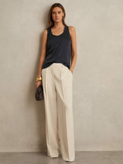 Elasticated-Waist Wide-Leg Twill Trousers Cream | Womens
