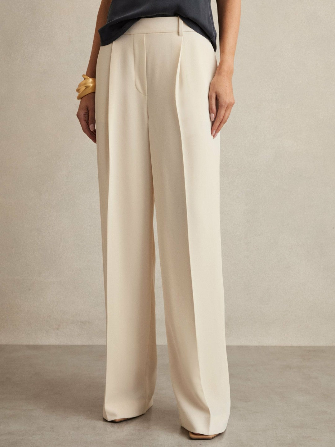 Elasticated-Waist Wide-Leg Twill Trousers Cream | Womens