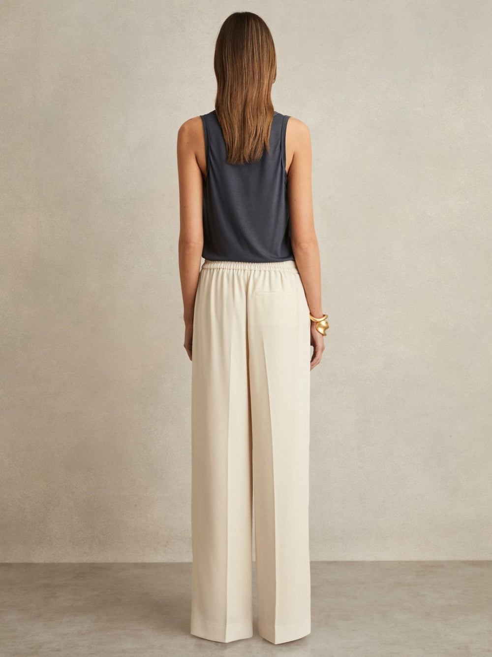 Elasticated-Waist Wide-Leg Twill Trousers Cream | Womens