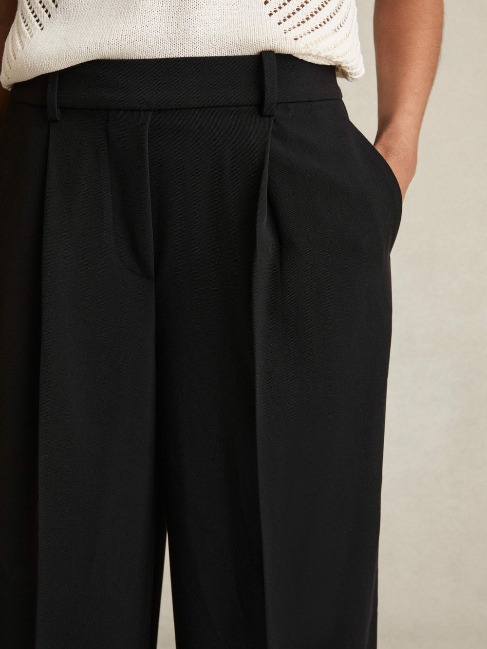 Petite Elasticated-Waist Wide-Leg Twill Trousers Black | Womens