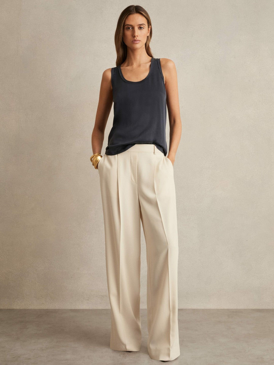 Petite Elasticated-Waist Wide-Leg Twill Trousers Cream | Womens