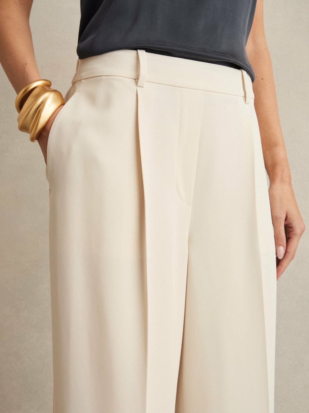 Petite Elasticated-Waist Wide-Leg Twill Trousers Cream | Womens