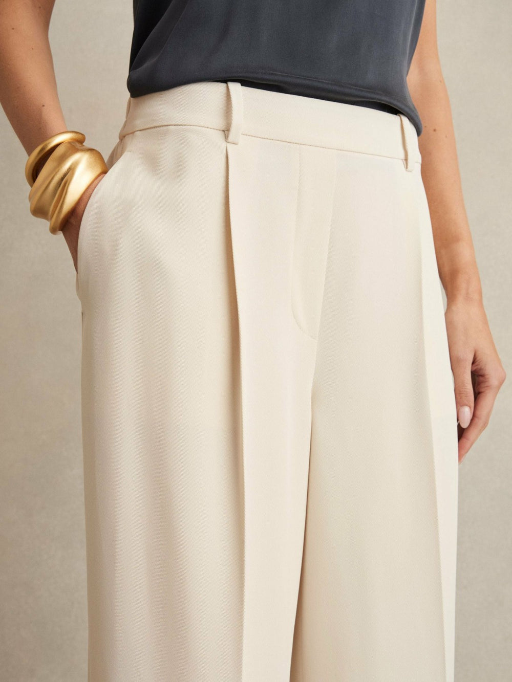 Petite Elasticated-Waist Wide-Leg Twill Trousers Cream | Womens