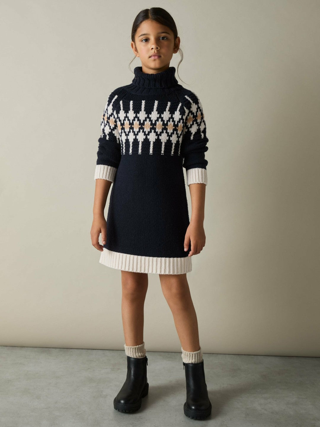 9-13 yrs Wool-Blend Fair Isle Roll-Neck Dress Navy | Children