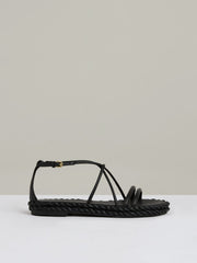 Leather Braided Flat Sandals Black | Womens