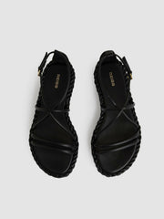 Leather Braided Flat Sandals Black | Womens