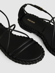 Leather Braided Flat Sandals Black | Womens