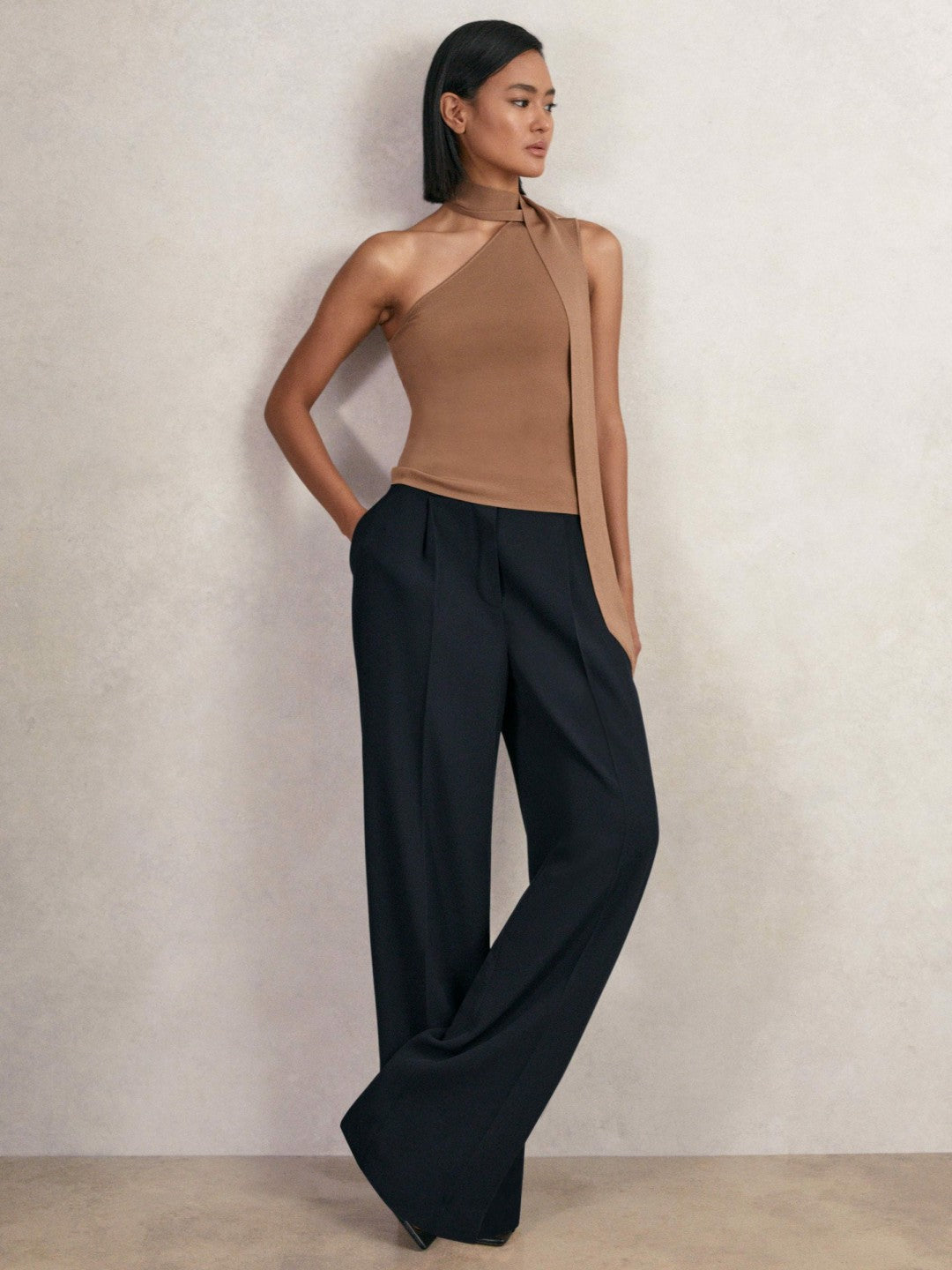 Petite Elasticated-Waist Wide-Leg Twill Trousers Navy | Womens