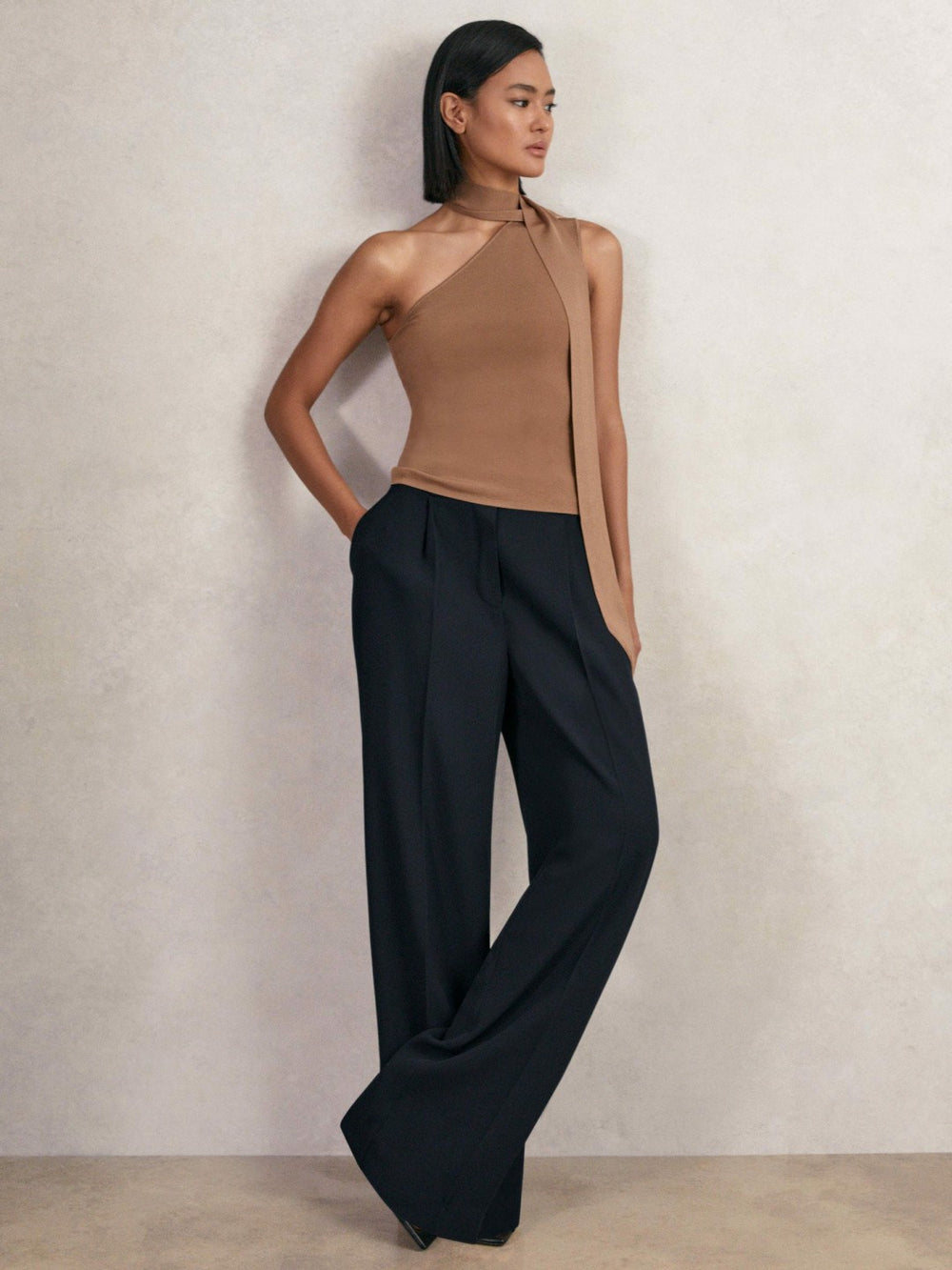 Petite Elasticated-Waist Wide-Leg Twill Trousers Navy | Womens
