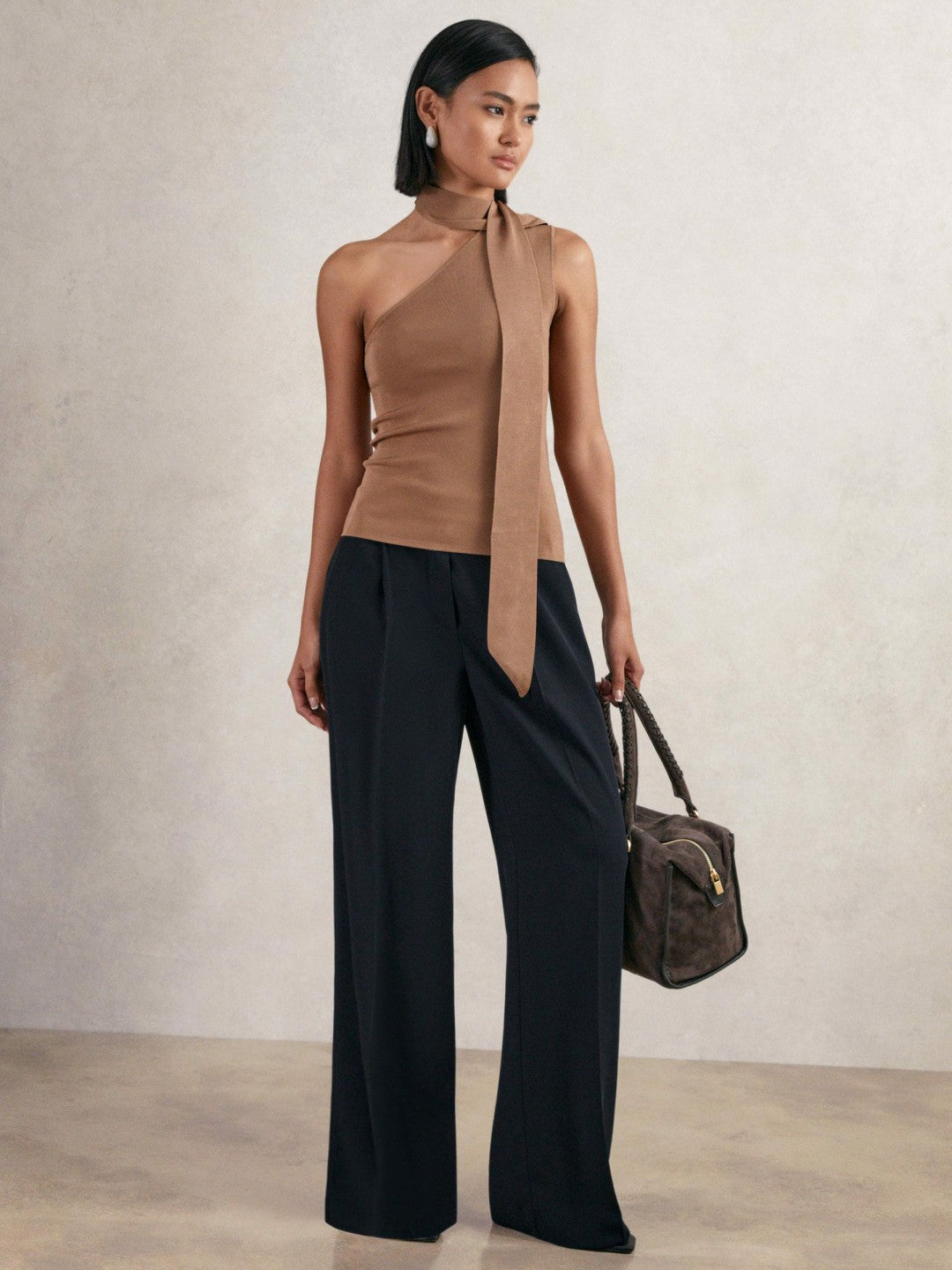 Petite Elasticated-Waist Wide-Leg Twill Trousers Navy | Womens