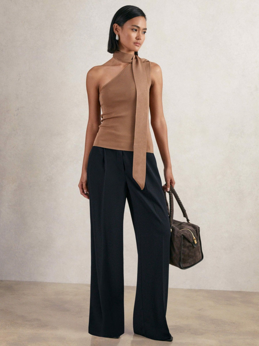 Petite Elasticated-Waist Wide-Leg Twill Trousers Navy | Womens