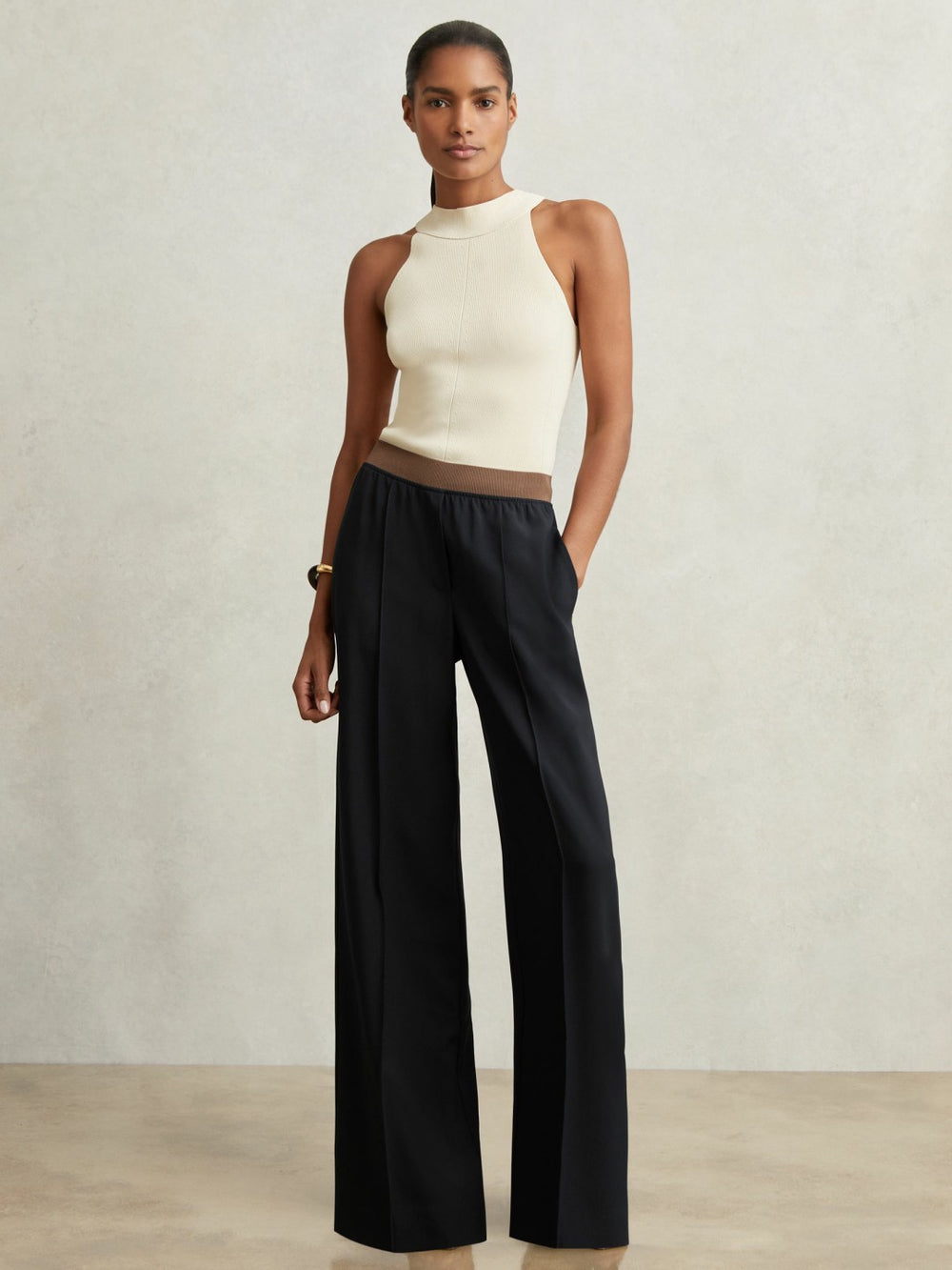 Elasticated-Waist Wide-Leg Twill Trousers Navy | Womens