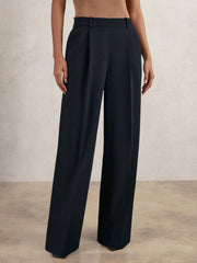 Elasticated-Waist Wide-Leg Twill Trousers Navy | Womens