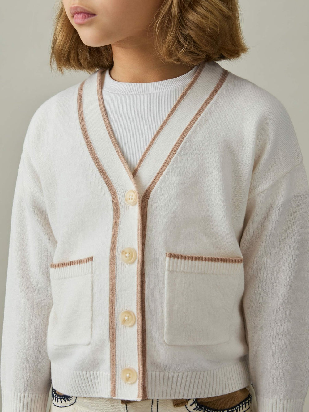9-13 yrs Wool-Blend Tipped Cardigan Cream | Children