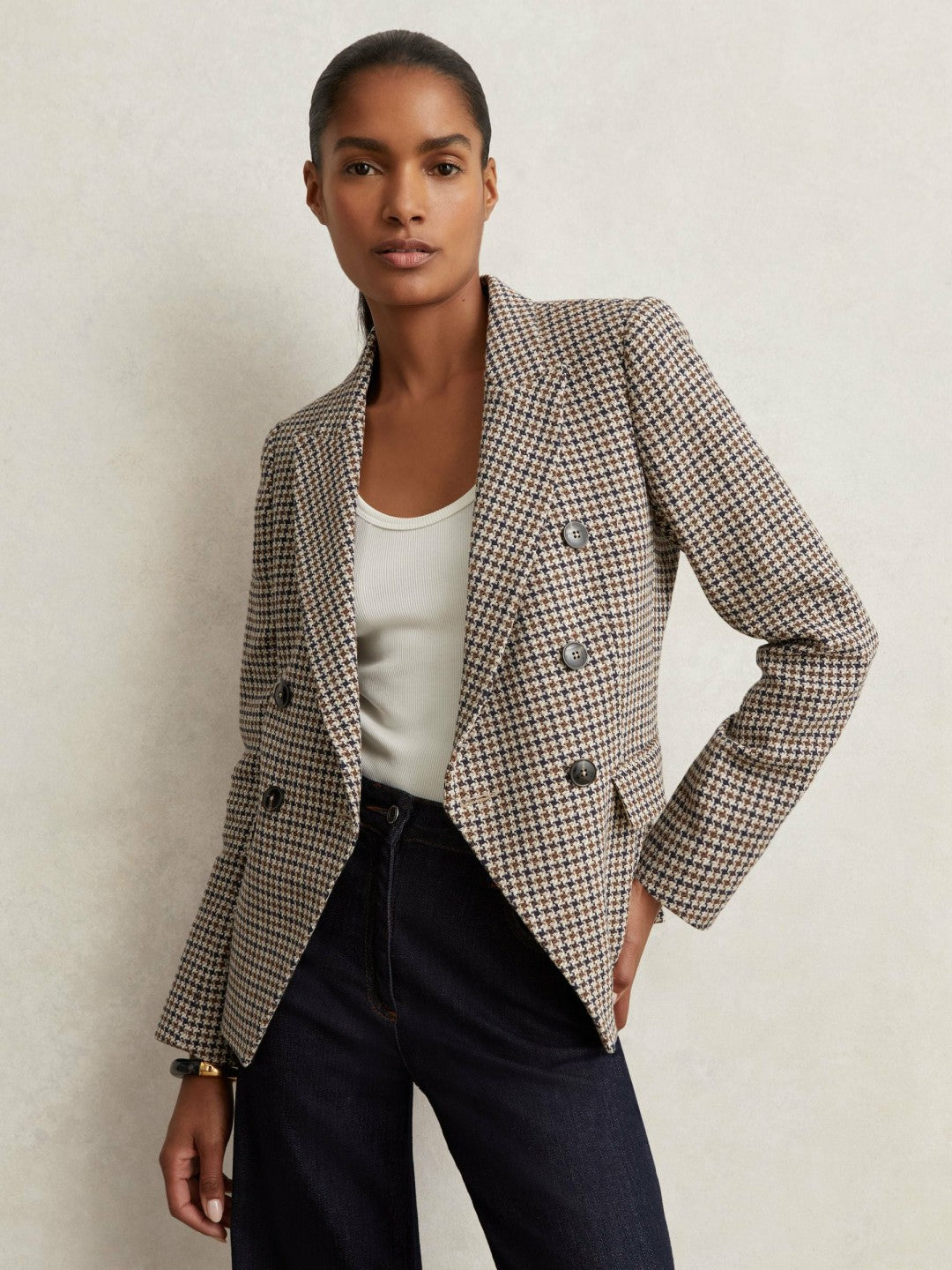 Cotton-Linen Double-Breasted Houndstooth-Check Blazer Navy Neutral Check | Womens