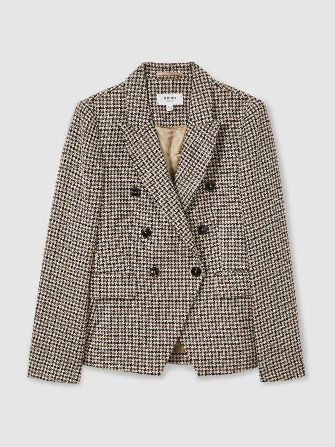 Cotton-Linen Double-Breasted Houndstooth-Check Blazer Navy Neutral Check | Womens