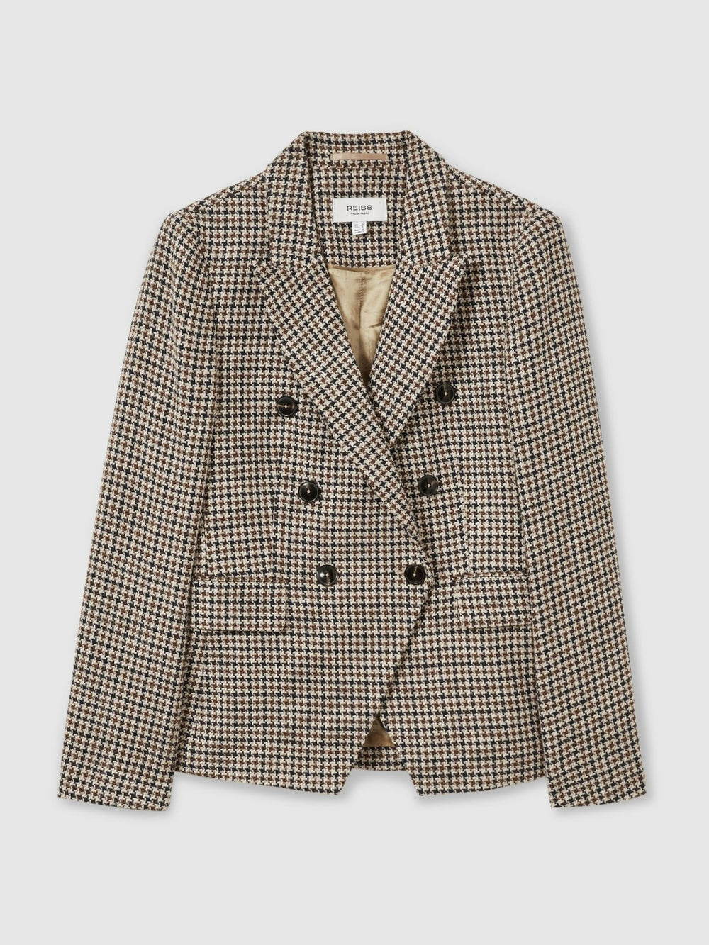 Cotton-Linen Double-Breasted Houndstooth-Check Blazer Navy Neutral Check | Womens