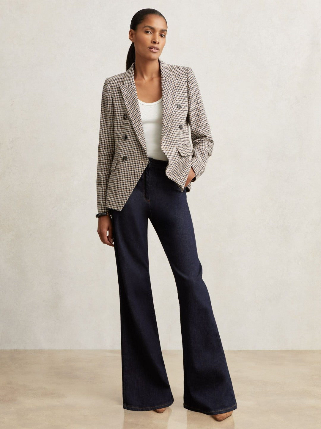 Cotton-Linen Double-Breasted Houndstooth-Check Blazer Navy Neutral Check | Womens