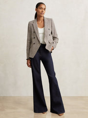 Cotton-Linen Double-Breasted Houndstooth-Check Blazer Navy Neutral Check | Womens