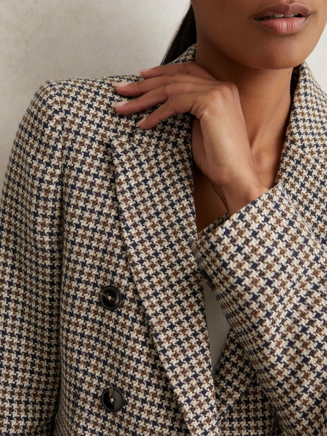 Cotton-Linen Double-Breasted Houndstooth-Check Blazer Navy Neutral Check | Womens