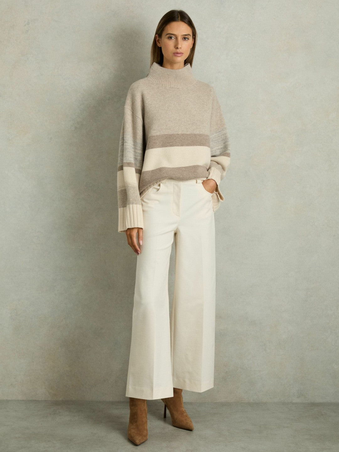 Wool Funnel-Neck Striped Jumper Neutral | Womens