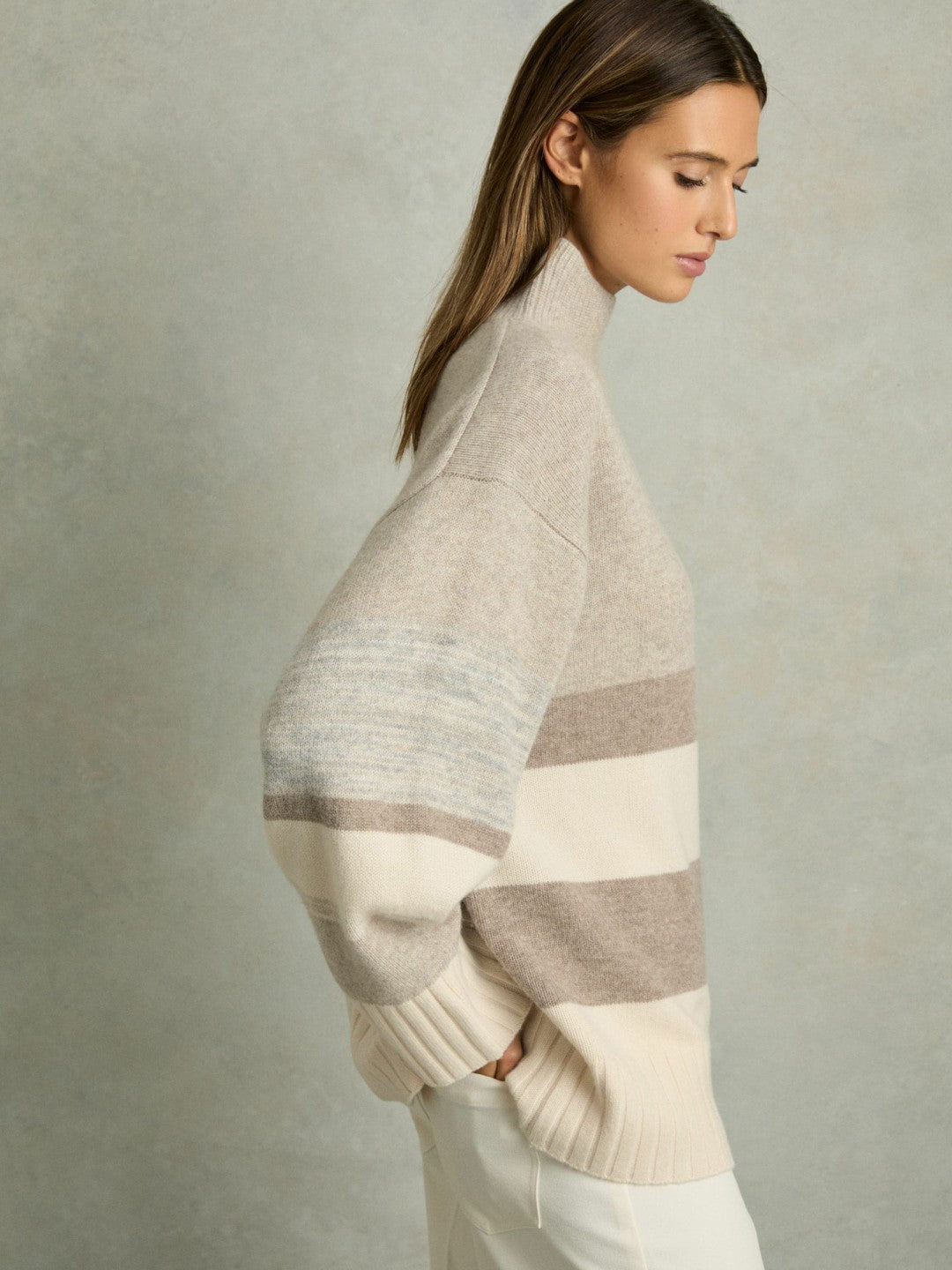 Wool Funnel-Neck Striped Jumper Neutral | Womens