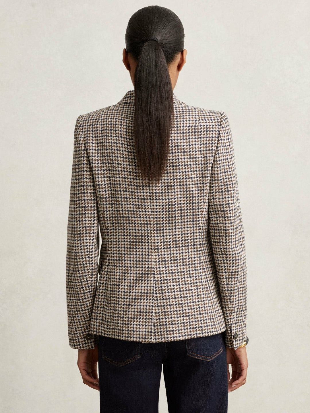 Petite Cotton-Linen Double-Breasted Houndstooth-Check Blazer Navy Neutral Check | Womens