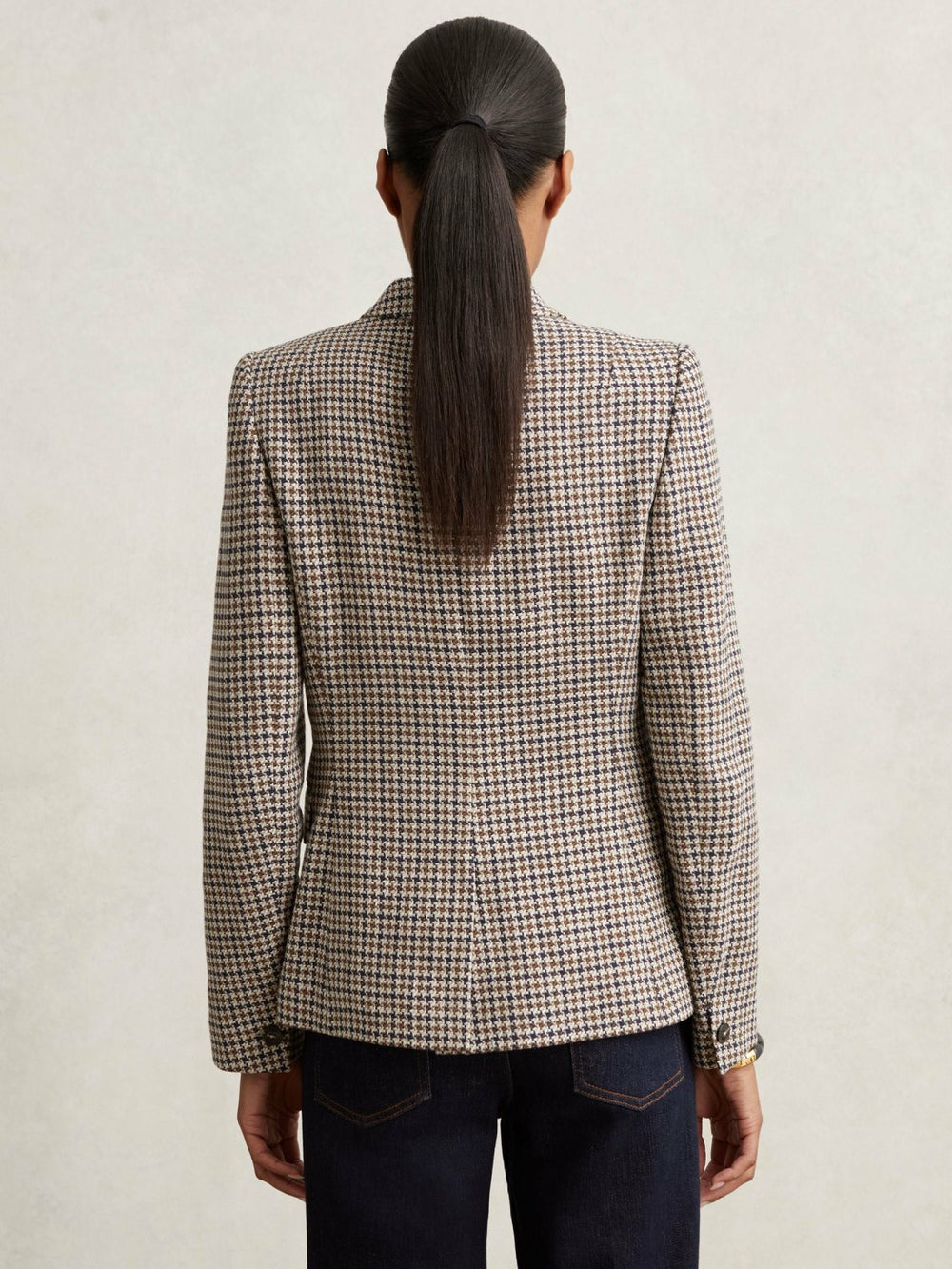 Petite Cotton-Linen Double-Breasted Houndstooth-Check Blazer Navy Neutral Check | Womens