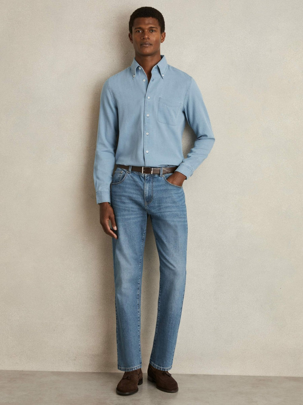 Cotton-Piqué Button-Down Chambray Shirt Washed Blue | Mens