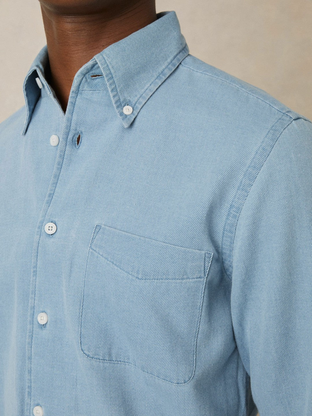 Cotton-Piqué Button-Down Chambray Shirt Washed Blue | Mens