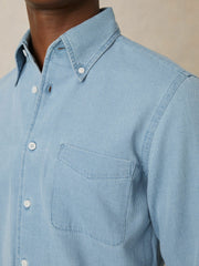 Cotton-Piqué Button-Down Chambray Shirt Washed Blue | Mens