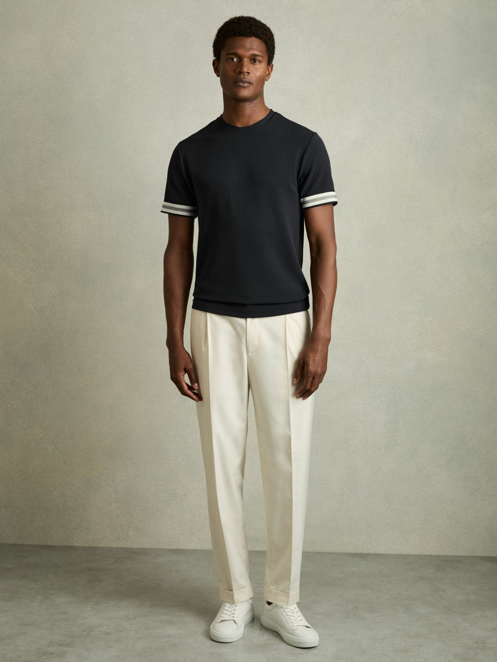 Tape-Cuff Textured T-Shirt Navy | Mens