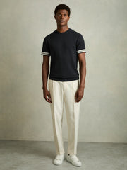 Tape-Cuff Textured T-Shirt Navy | Mens