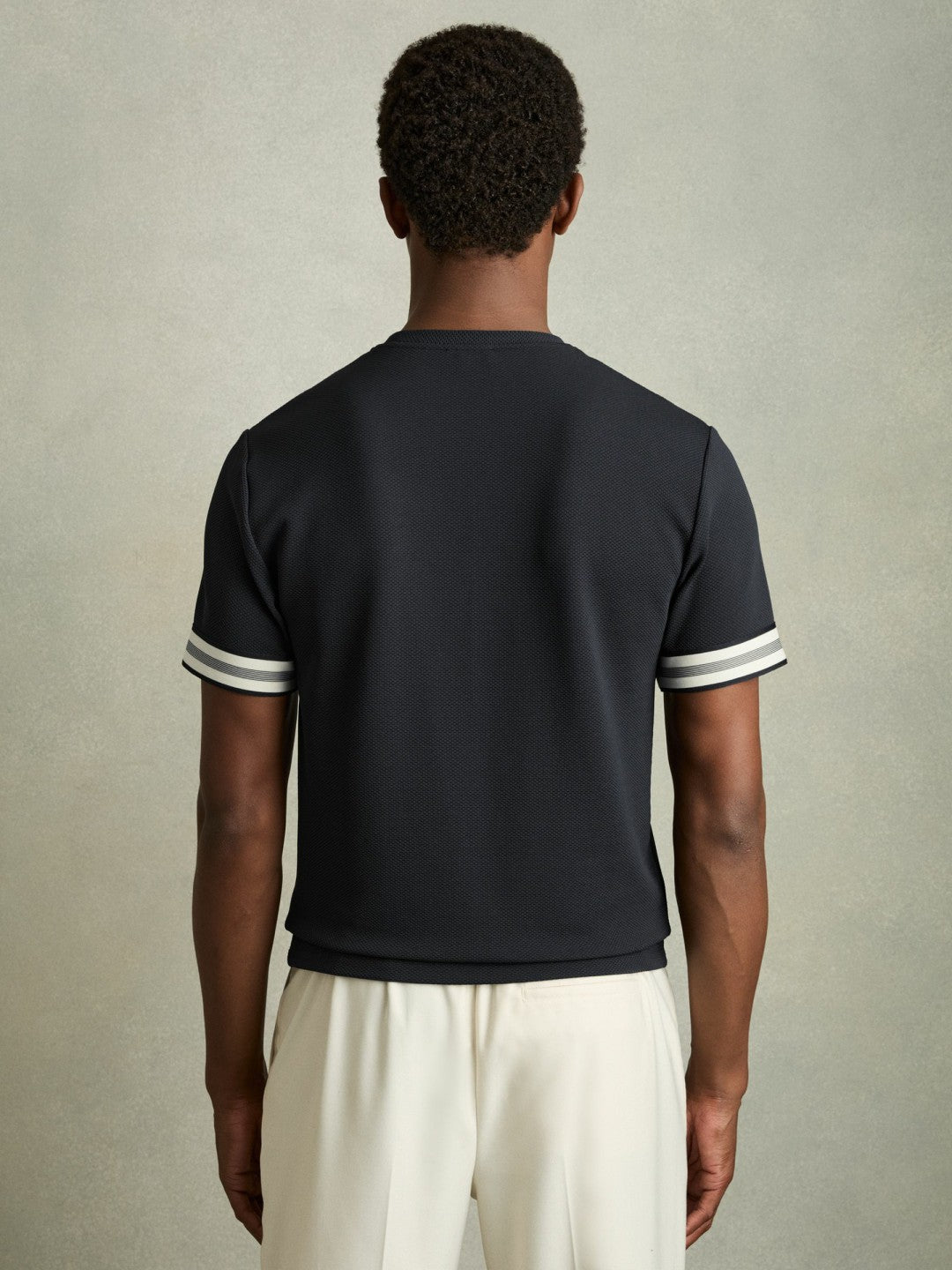 Tape-Cuff Textured T-Shirt Navy | Mens