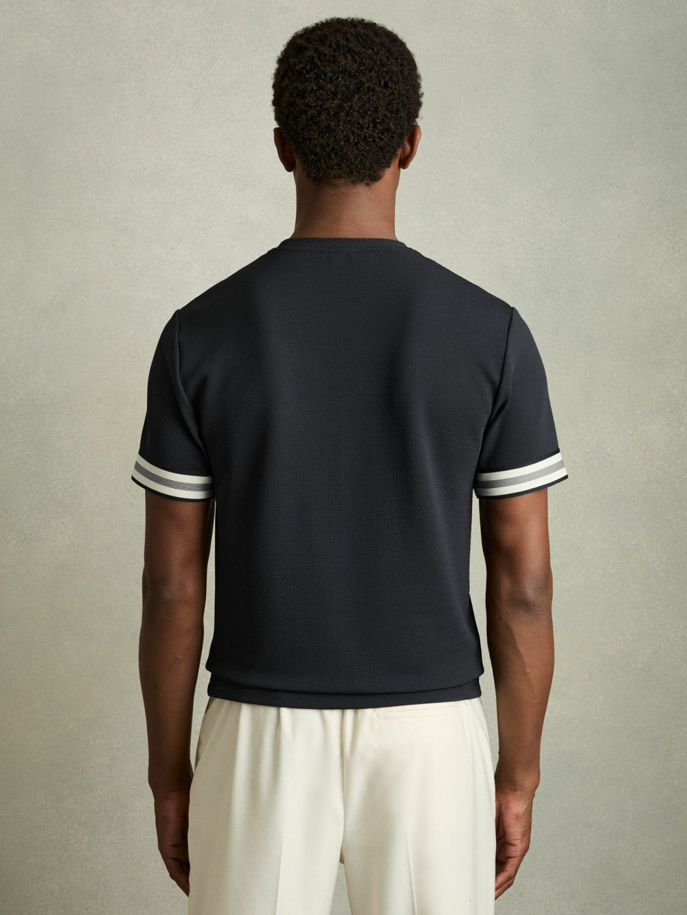 Tape-Cuff Textured T-Shirt Navy | Mens